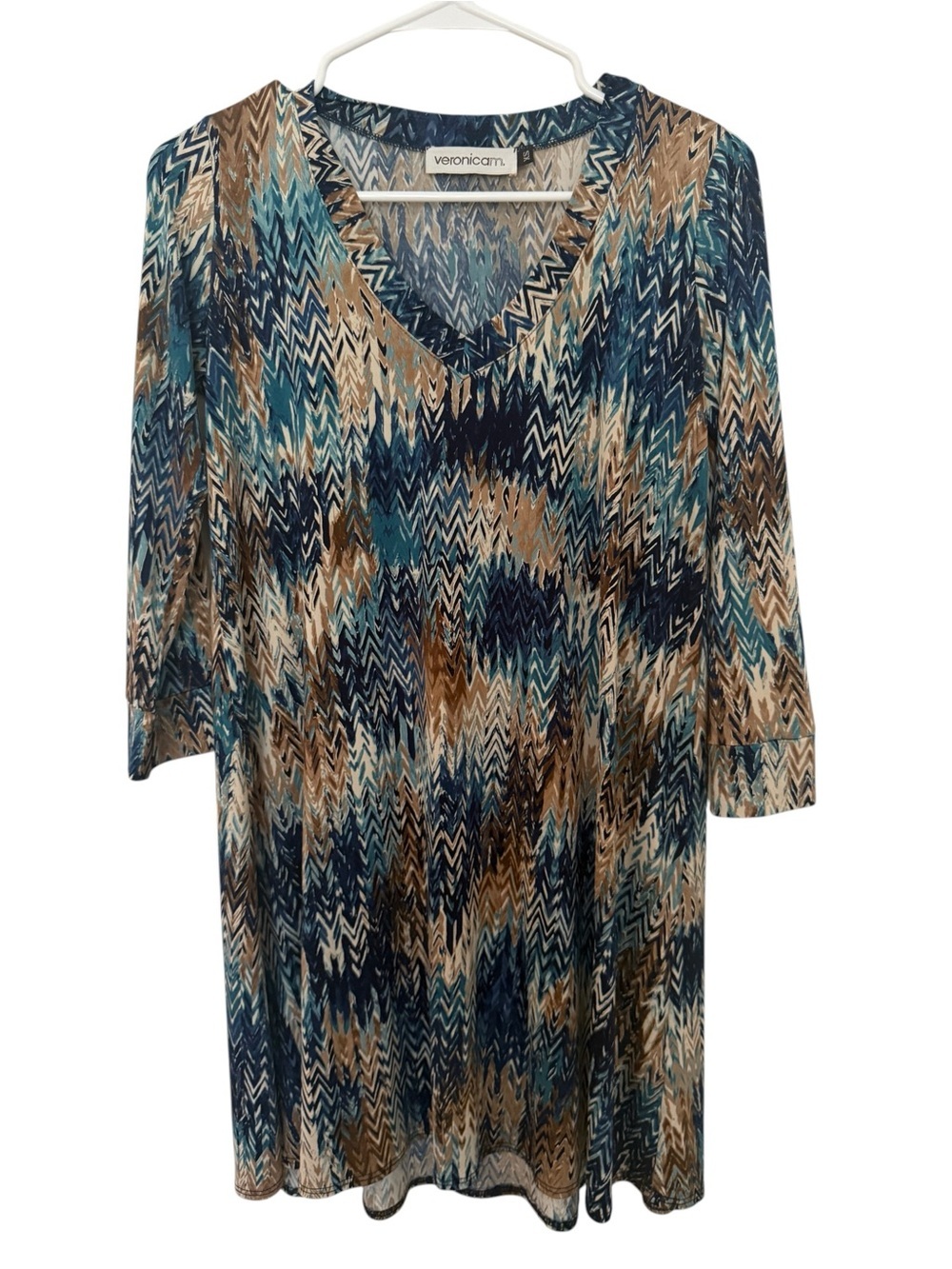 Veronica M Teal & Brown V-Neck Abstract Chevron Print Dress Women S Small